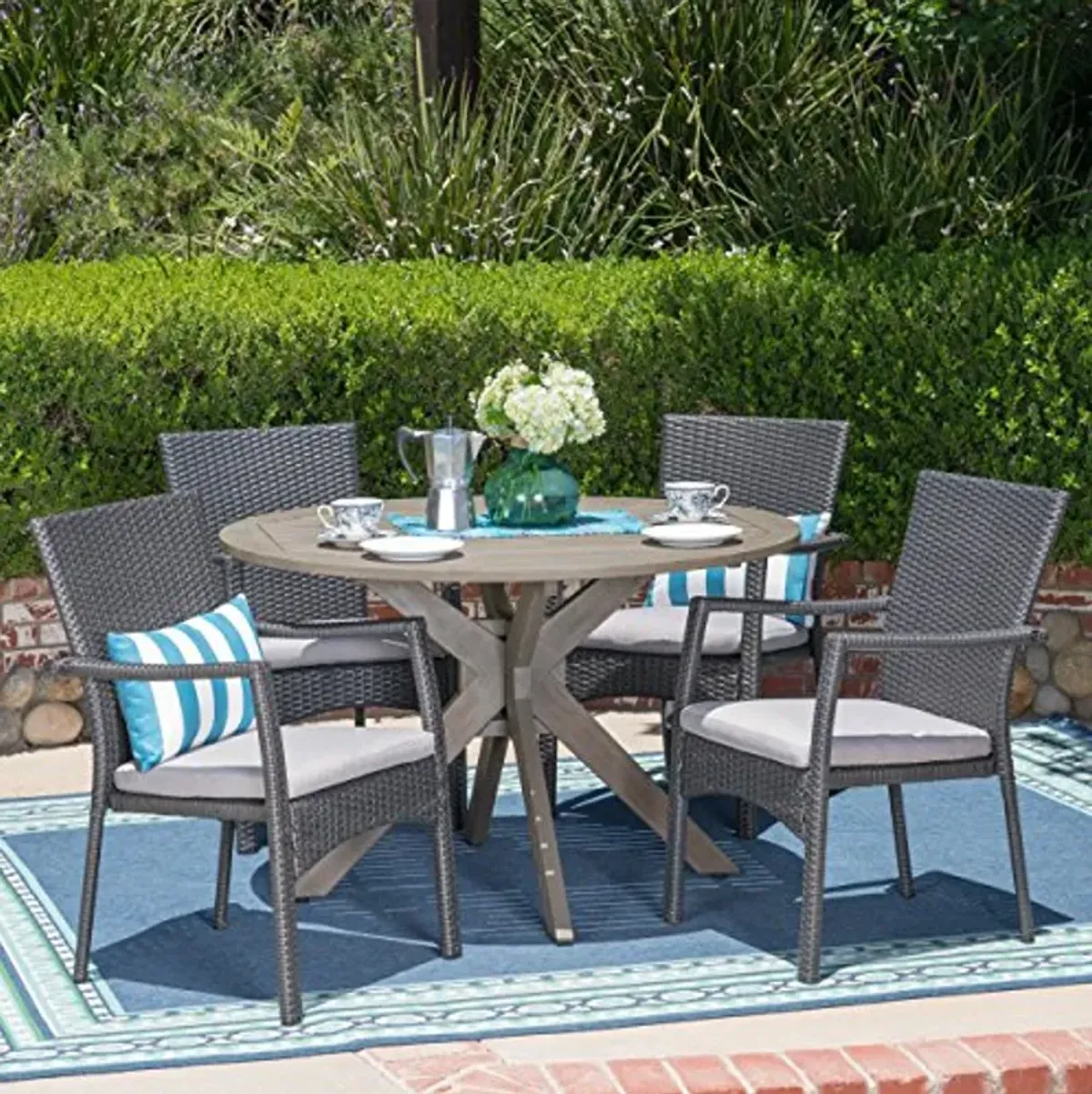 Christopher Knight Home Layna Outdoor 5 Piece Wood and Wicker Dining Set, Gray Finish/Gray