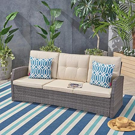 Christopher Knight Home Joanne Outdoor 3 Seater Wicker Sofa, Grey with Beige Cushions
