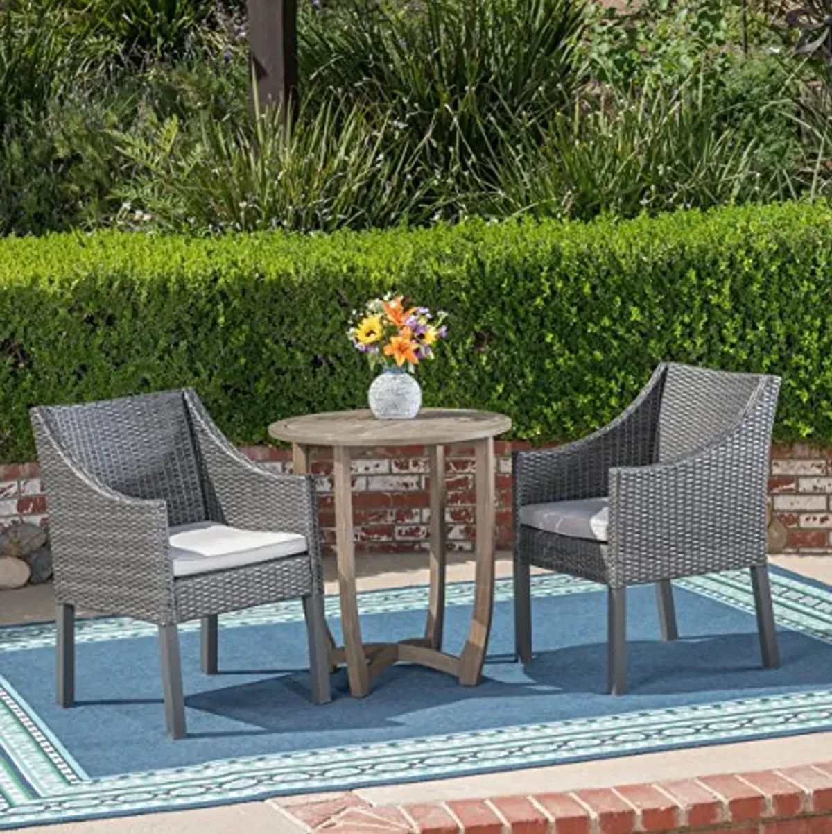 Christopher Knight Home Matthew Outdoor 3 Piece Wood and Wicker Bistro Set, Gray Finish/Gray/Silver