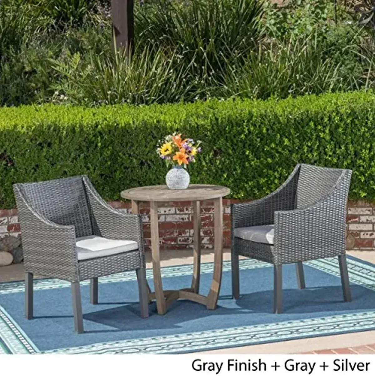 Christopher Knight Home Matthew Outdoor 3 Piece Wood and Wicker Bistro Set, Gray Finish/Gray/Silver