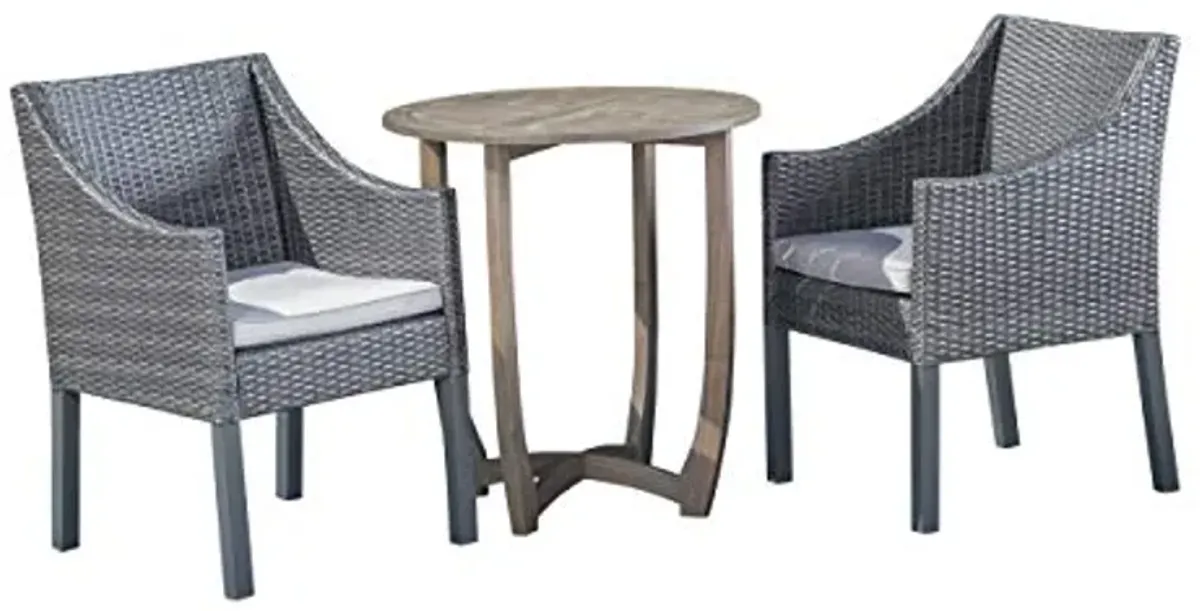 Christopher Knight Home Matthew Outdoor 3 Piece Wood and Wicker Bistro Set, Gray Finish/Gray/Silver