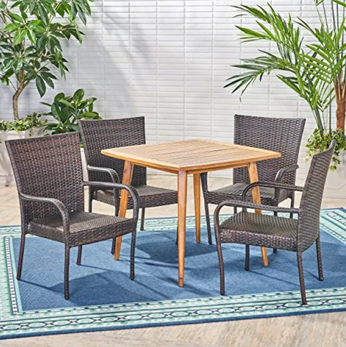 Christopher Knight Home Marsh Outdoor 5 Piece Wood and Wicker Dining Set, Teak Finish/Multi Brown