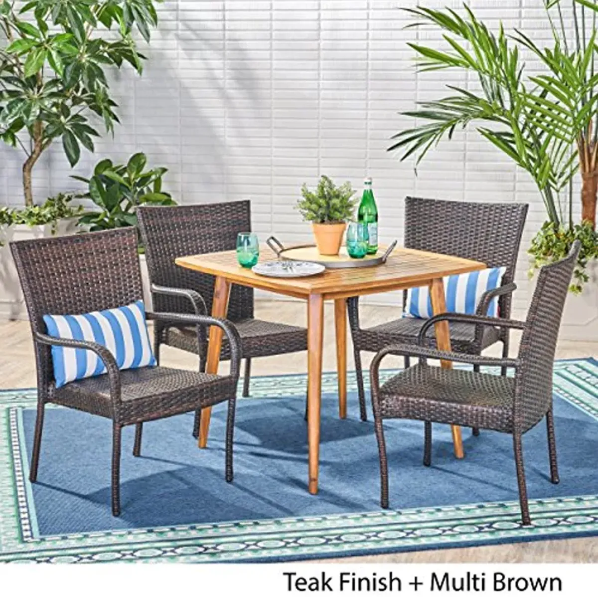 Christopher Knight Home Marsh Outdoor 5 Piece Wood and Wicker Dining Set, Teak Finish/Multi Brown