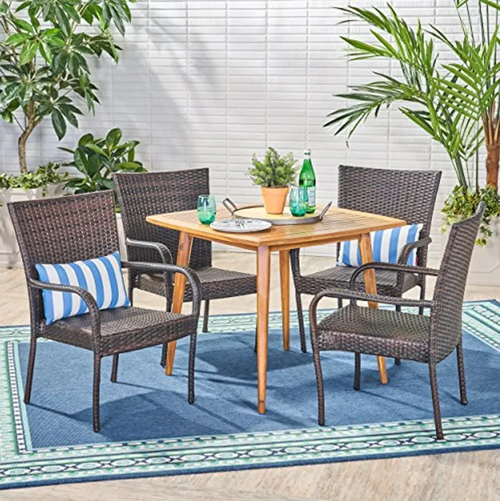 Christopher Knight Home Marsh Outdoor 5 Piece Wood and Wicker Dining Set, Teak Finish/Multi Brown