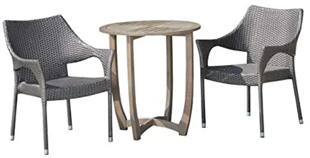 Christopher Knight Home Mann Outdoor 3 Piece Wood and Wicker Bistro Set, Gray Finish/Gray