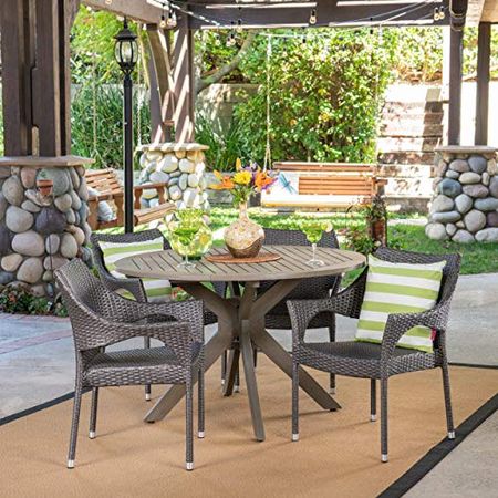Christopher Knight Home Lina Outdoor 5 Piece Wood and Wicker Dining Set, Gray Finish/Gray