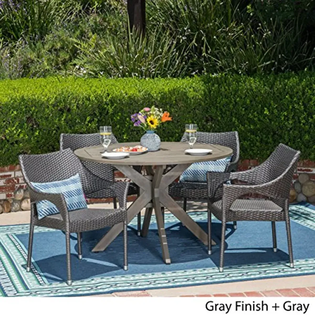 Christopher Knight Home Lina Outdoor 5 Piece Wood and Wicker Dining Set, Gray Finish/Gray