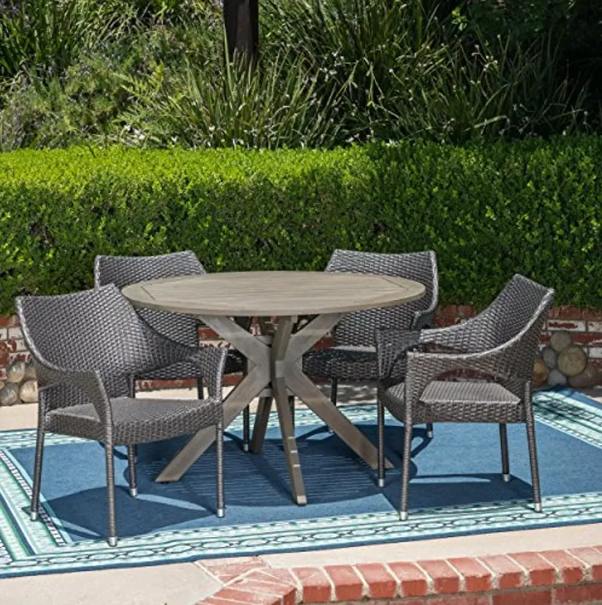 Christopher Knight Home Lina Outdoor 5 Piece Wood and Wicker Dining Set, Gray Finish/Gray