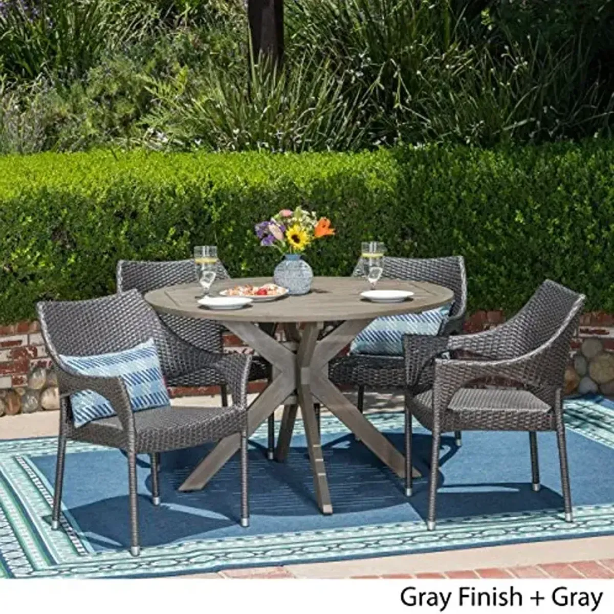 Christopher Knight Home Lina Outdoor 5 Piece Wood and Wicker Dining Set, Gray Finish/Gray