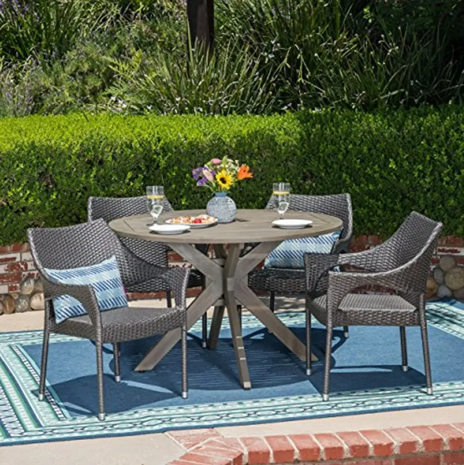 Christopher Knight Home Lina Outdoor 5 Piece Wood and Wicker Dining Set, Gray Finish/Gray