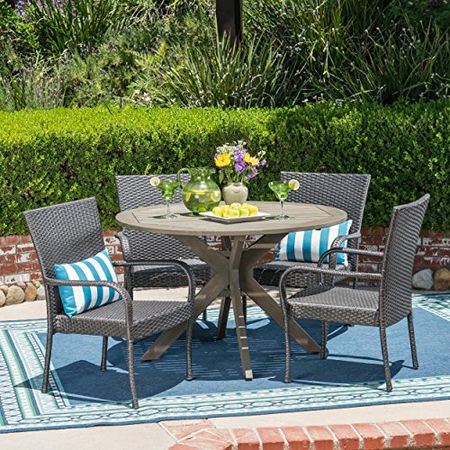Christopher Knight Home Murrary Outdoor 5 Piece Wood and Wicker Dining Set, Gray Finish/Gray