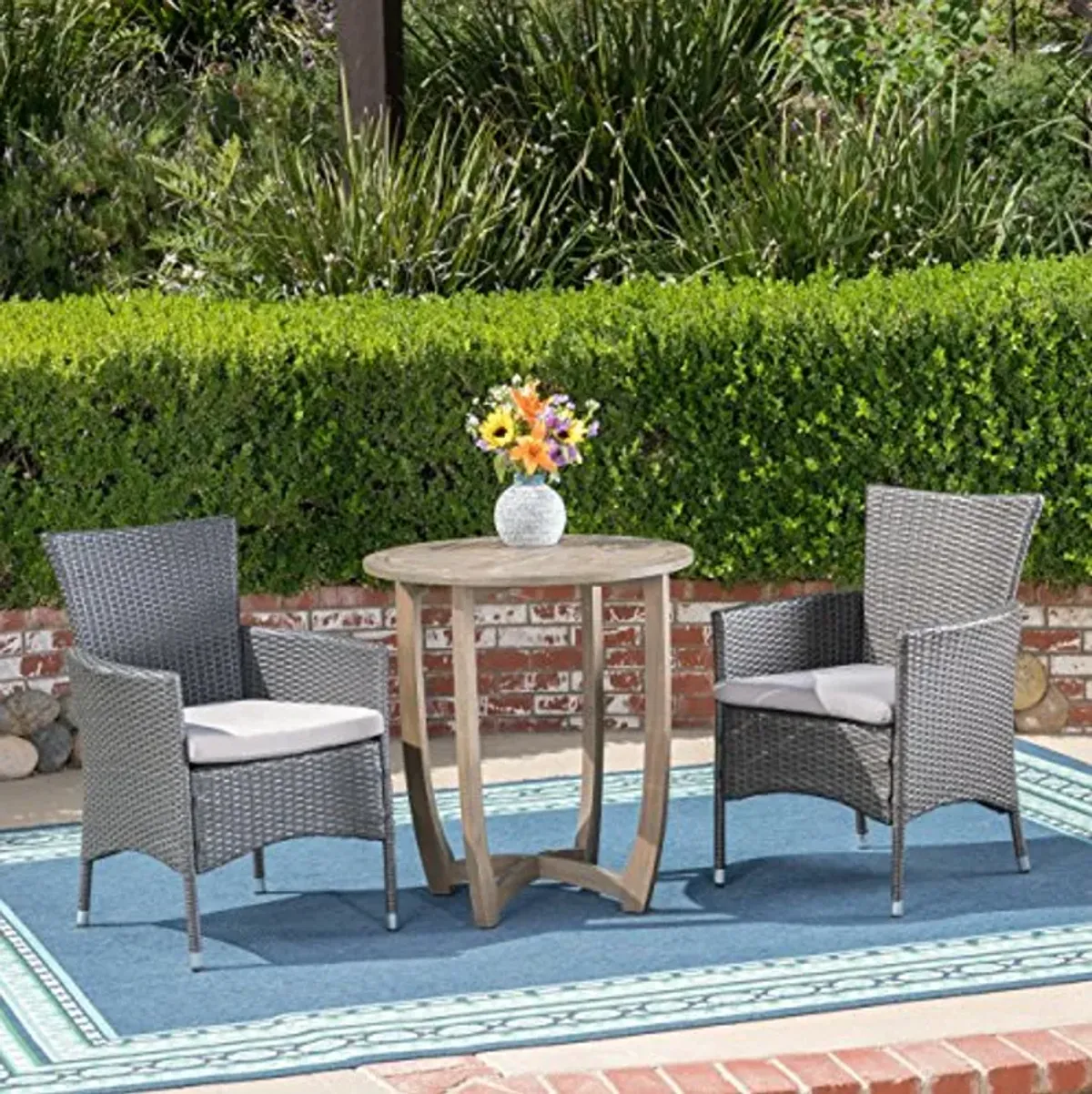 Christopher Knight Home Lori Outdoor 3 Piece Wood and Wicker Bistro Set, Gray Finish/Gray/Silver