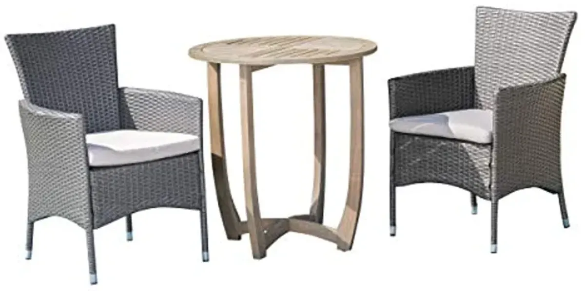 Christopher Knight Home Lori Outdoor 3 Piece Wood and Wicker Bistro Set, Gray Finish/Gray/Silver