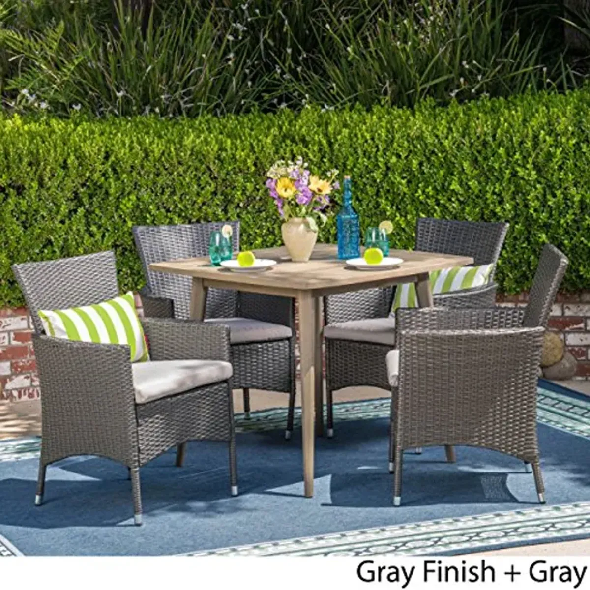 Christopher Knight Home Jo Outdoor 5 Piece Wood and Wicker Dining Set, Gray Finish/Gray