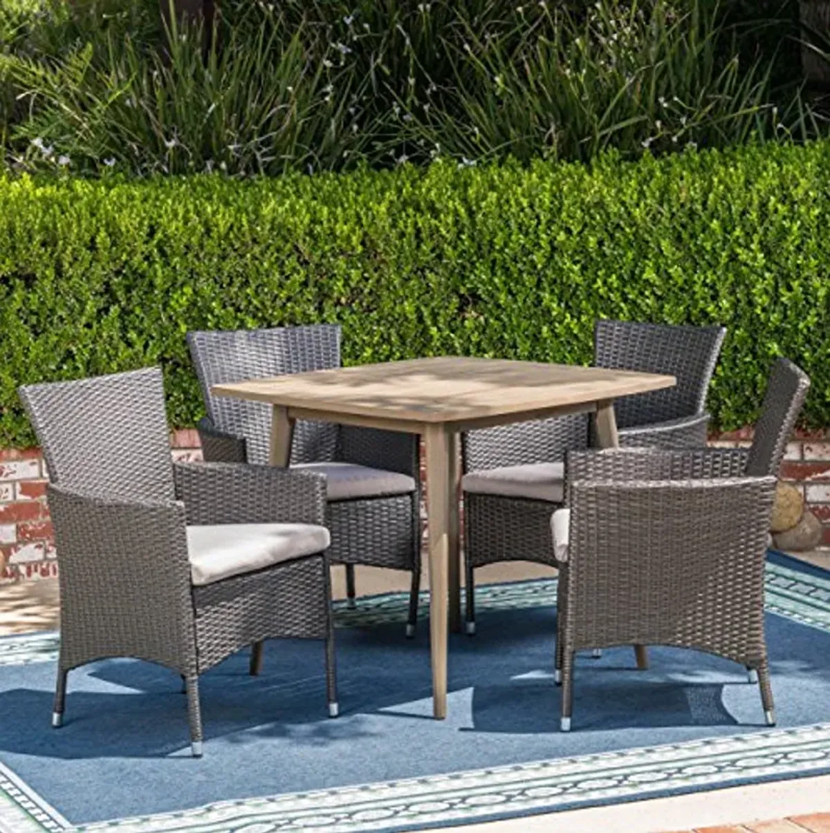 Christopher Knight Home Jo Outdoor 5 Piece Wood and Wicker Dining Set, Gray Finish/Gray