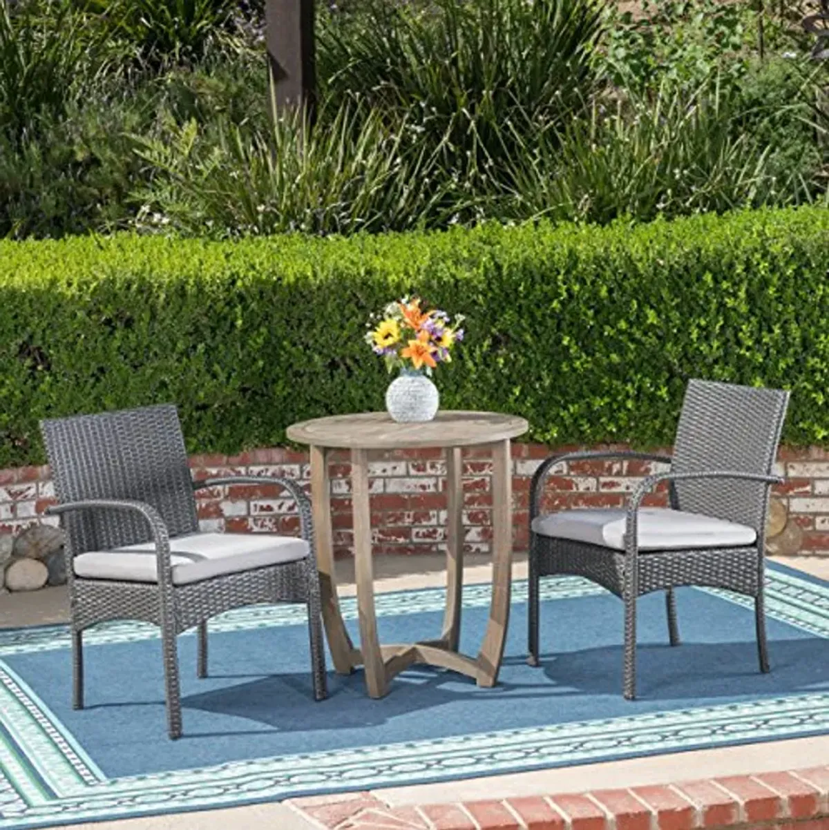 Christopher Knight Home Jerica Outdoor 3 Piece Wood and Wicker Bistro Set, Gray Finish/Gray/Gray