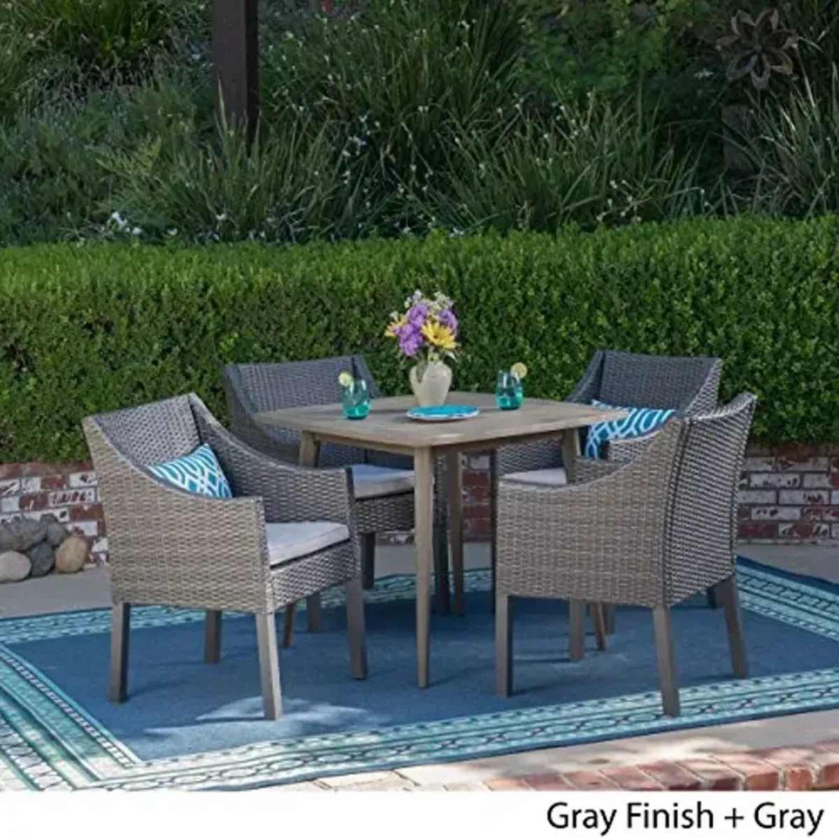Christopher Knight Home Keen Outdoor 5 Piece Wood and Wicker Dining Set, Gray Finish/Gray