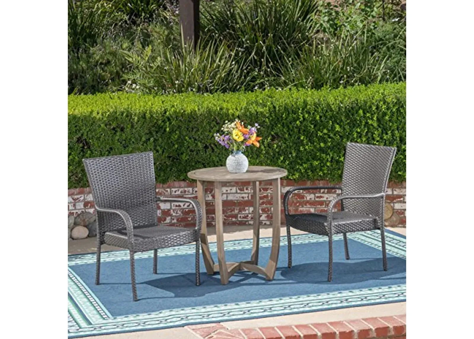 Christopher Knight Home Jared Outdoor 3 Piece Wood and Wicker Bistro Set, Gray Finish/Gray