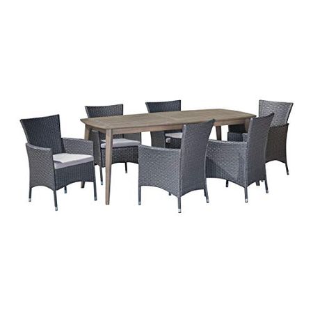 Christopher Knight Home Jerzie Outdoor 7 Piece Wood and Wicker Dining Set, Gray Finish/Gray/Silver