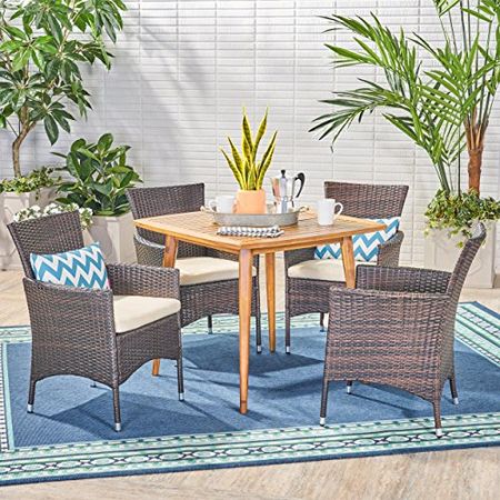 Christopher Knight Home Knox Outdoor 5 Piece Wood and Wicker Dining Set, Teak Finish/Multi Brown