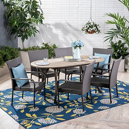 Christopher Knight Home Ford Outdoor 7 Piece Wood and Wicker Dining Set, Finish and Gray
