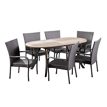 Christopher Knight Home Ford Outdoor 7 Piece Wood and Wicker Dining Set, Finish and Gray