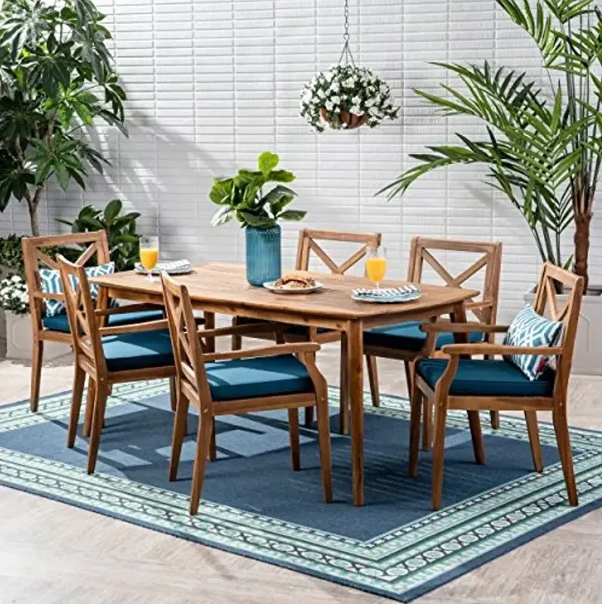 Christopher Knight Home Harvey Outdoor 7 Piece Acacia Wood Dining Set, Teak Finish/Blue