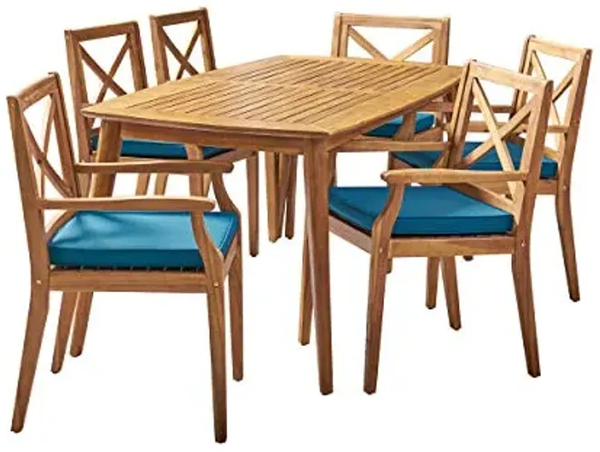 Christopher Knight Home Harvey Outdoor 7 Piece Acacia Wood Dining Set, Teak Finish/Blue