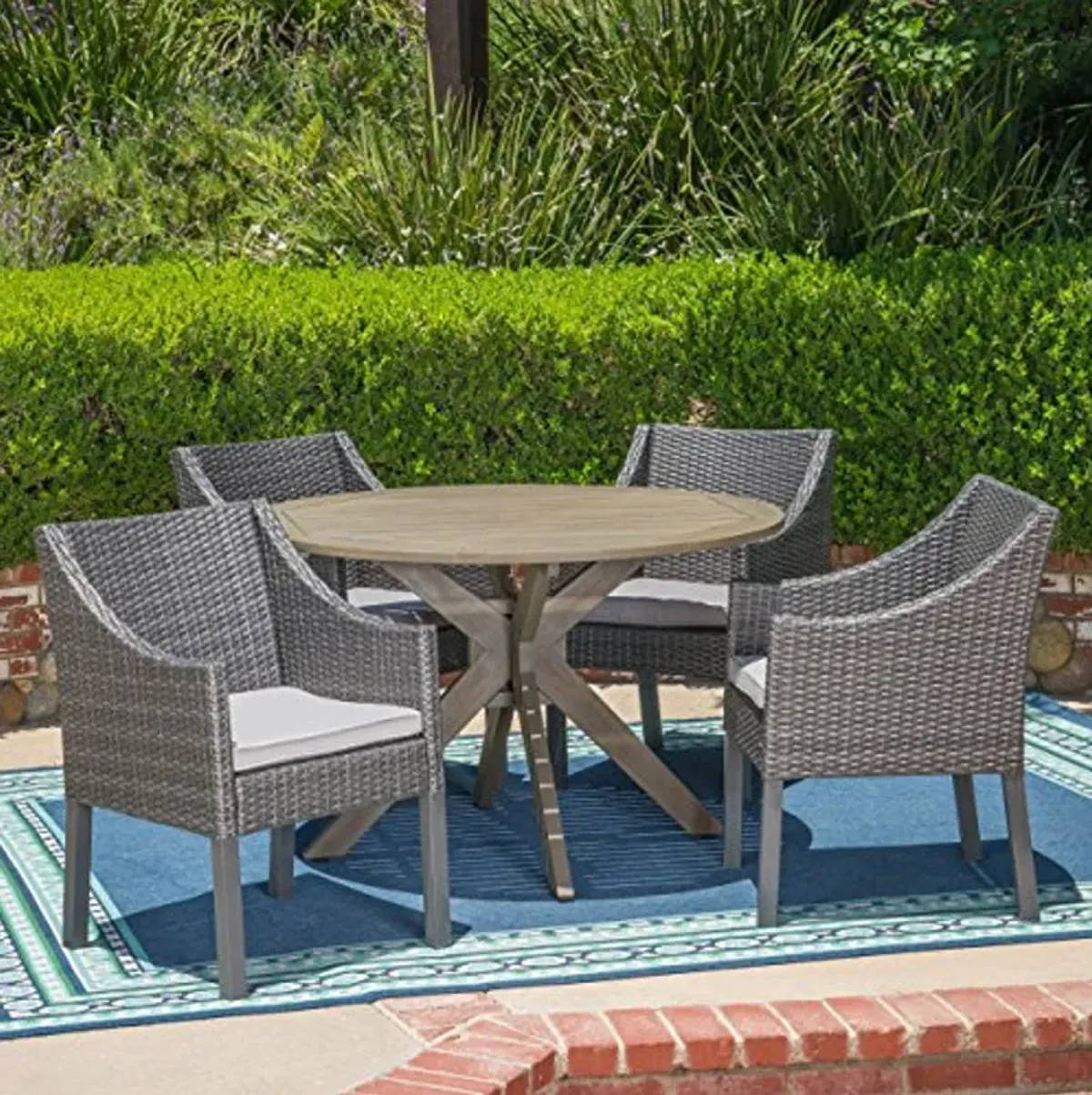 Christopher Knight Home Orwel Outdoor 5 Piece Wood and Wicker Dining Set, Gray Finish/Gray