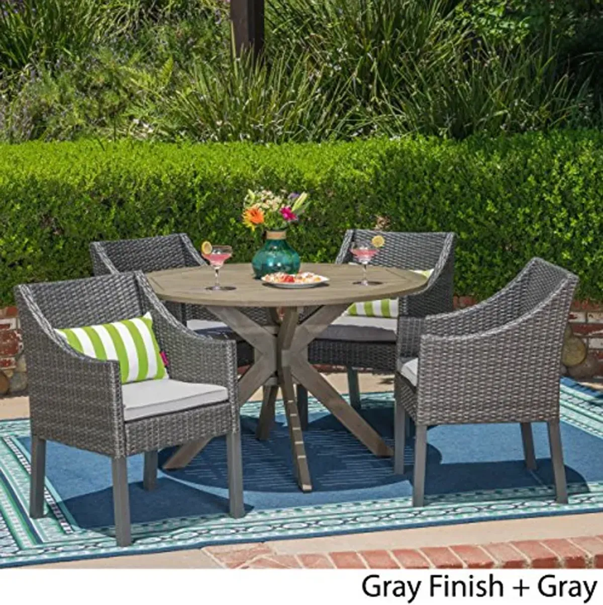 Christopher Knight Home Orwel Outdoor 5 Piece Wood and Wicker Dining Set, Gray Finish/Gray