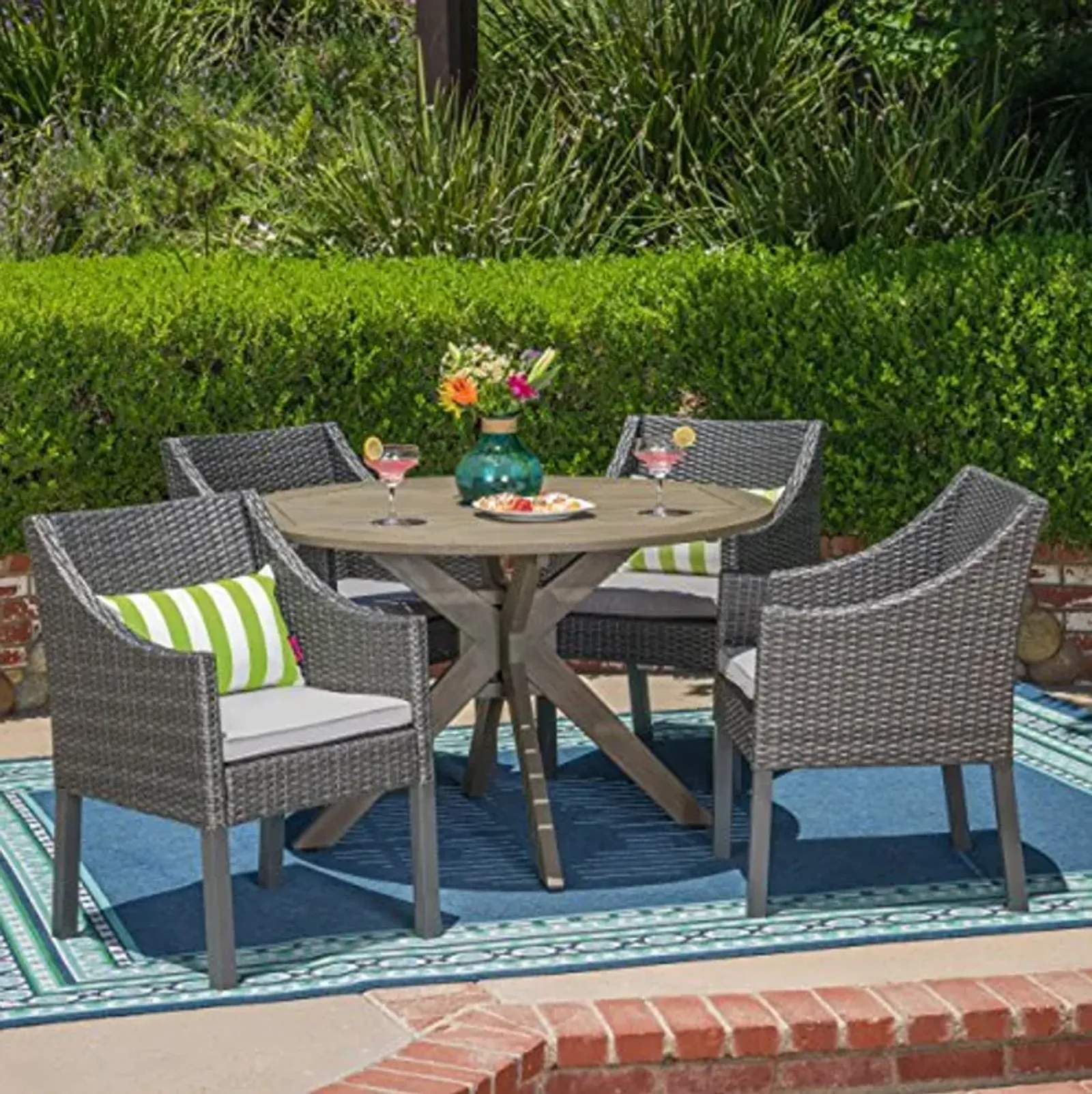 Christopher Knight Home Orwel Outdoor 5 Piece Wood and Wicker Dining Set, Gray Finish/Gray