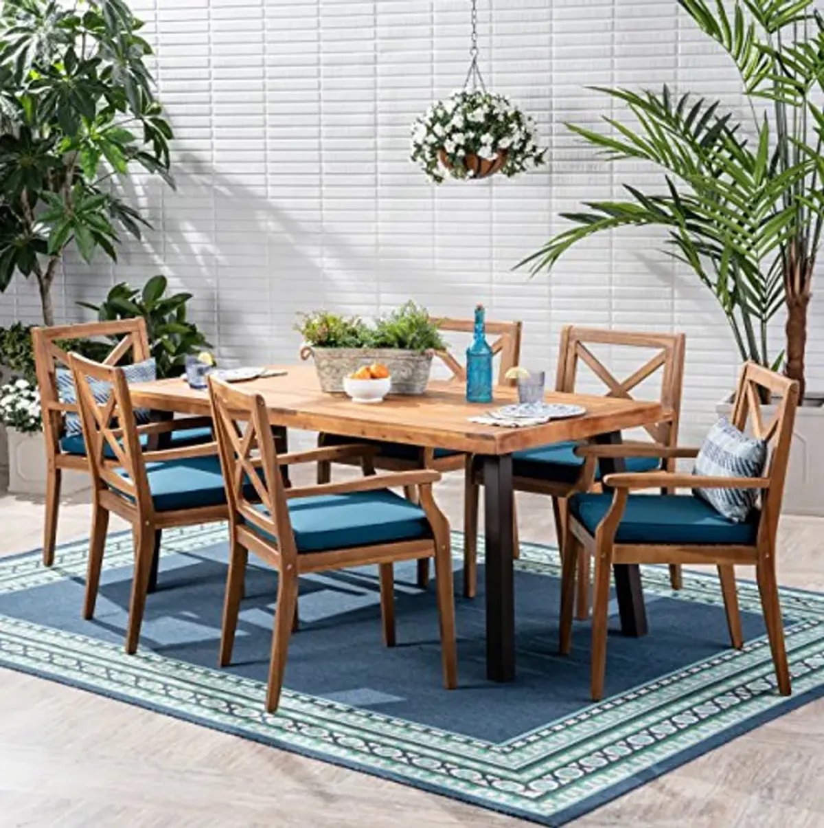 Christopher Knight Home Justin Outdoor 7 Piece Acacia Wood Dining Set, Teak Finish/Rustic Metal/Blue