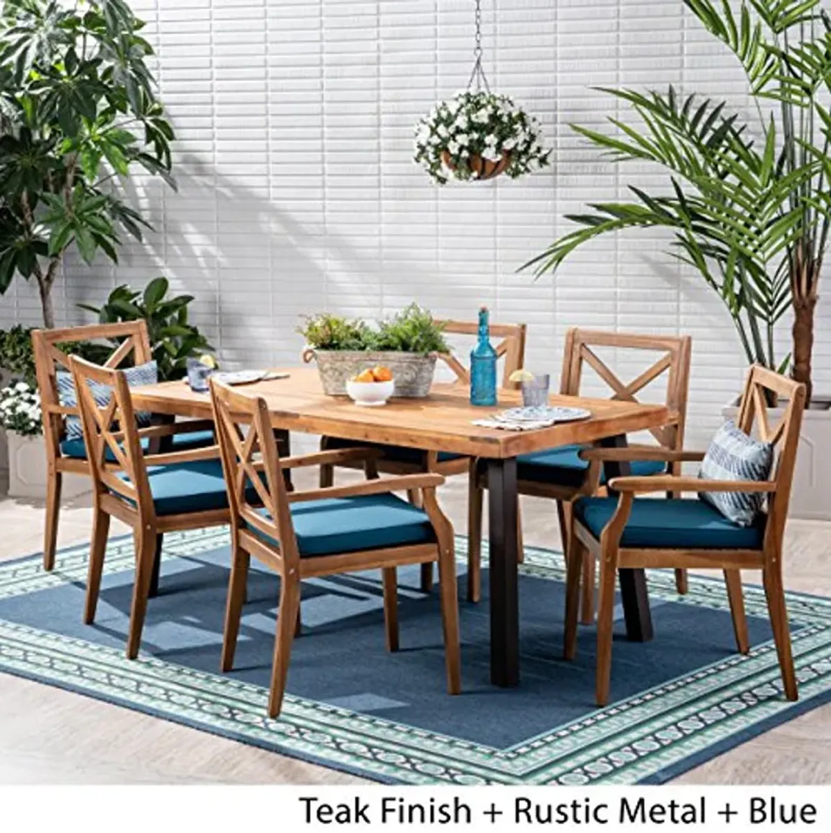 Christopher Knight Home Justin Outdoor 7 Piece Acacia Wood Dining Set, Teak Finish/Rustic Metal/Blue