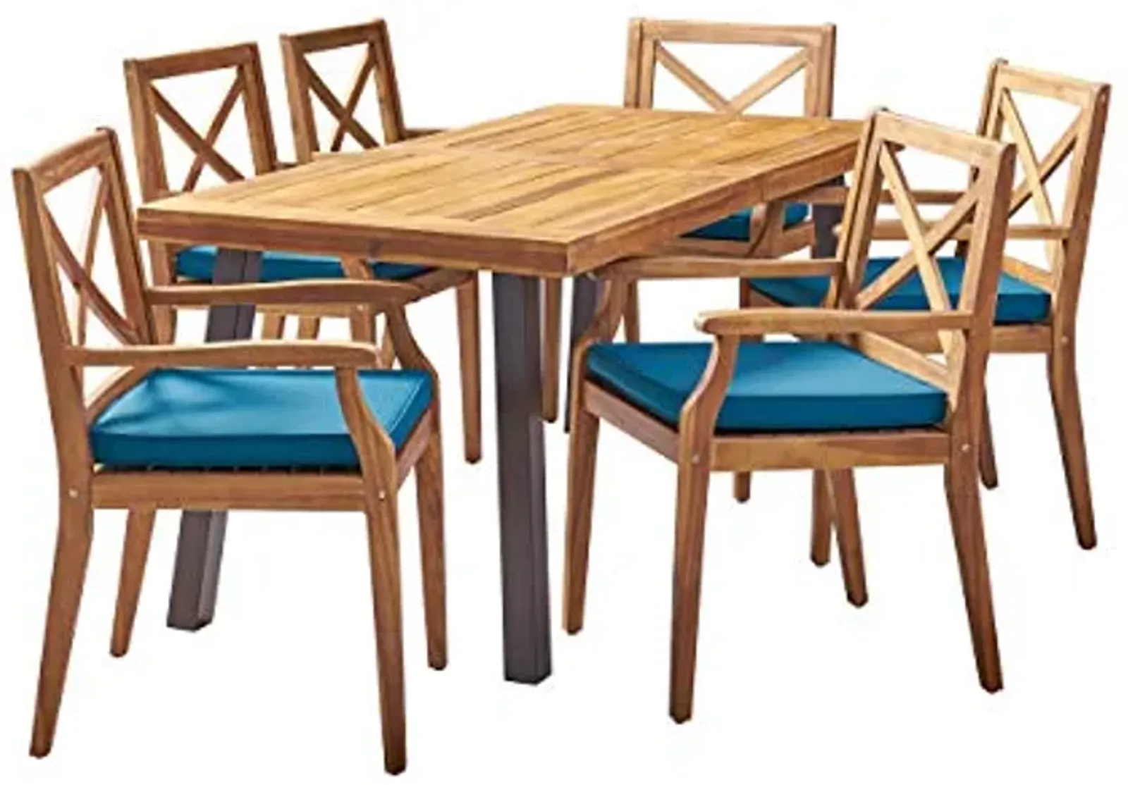 Christopher Knight Home Justin Outdoor 7 Piece Acacia Wood Dining Set, Teak Finish/Rustic Metal/Blue