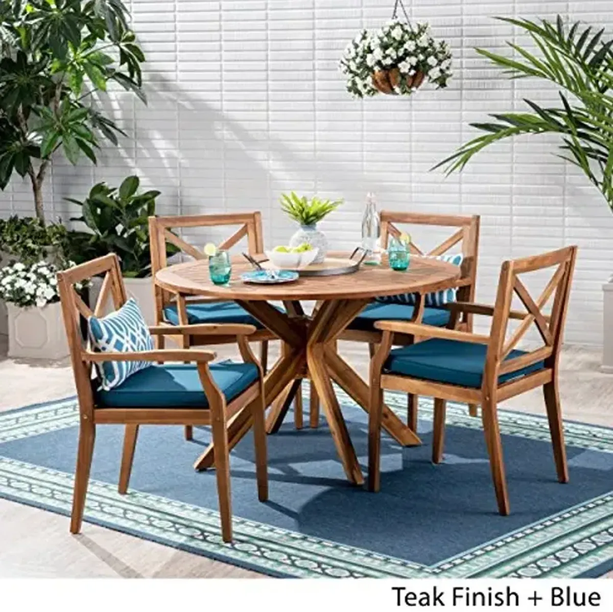Christopher Knight Home Jordan Outdoor 5 Piece Acacia Wood Dining Set, Teak Finish/Blue