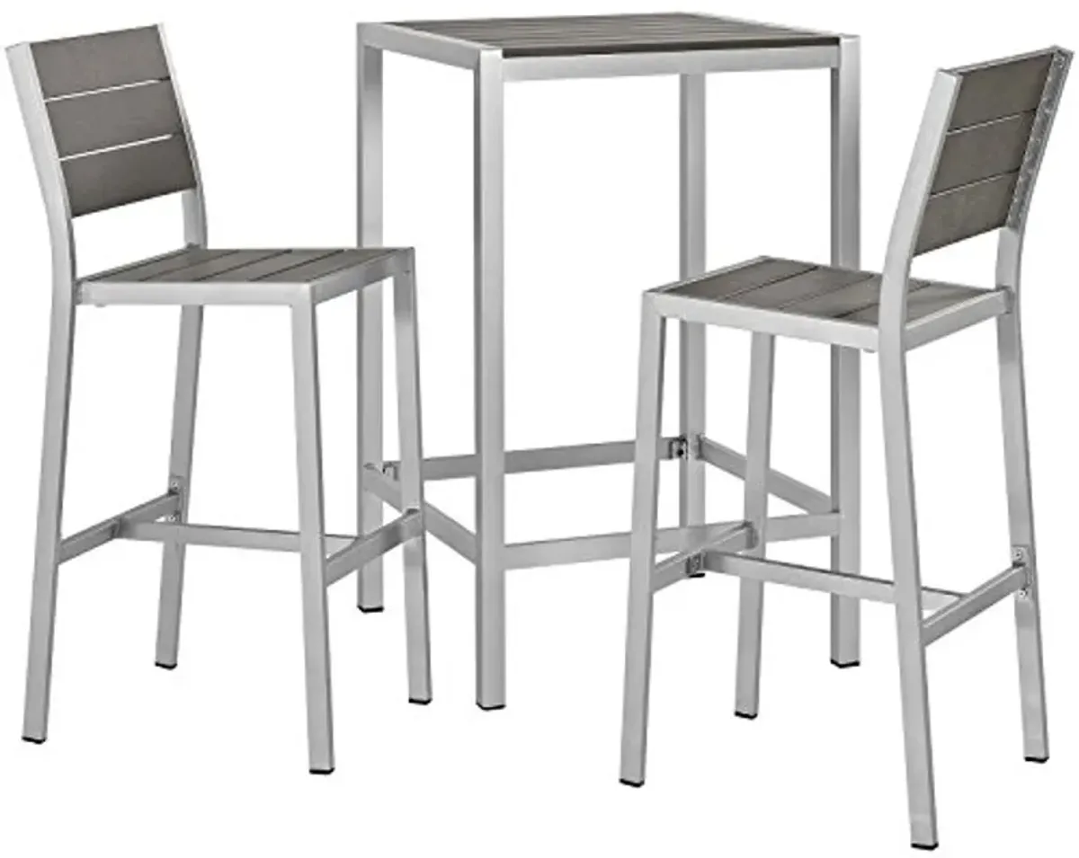 Modway Shore Aluminum 3-Piece Outdoor Patio Pub Bistro Set with 28" Bar Table and Two Armless Bar Stools in Silver Gray