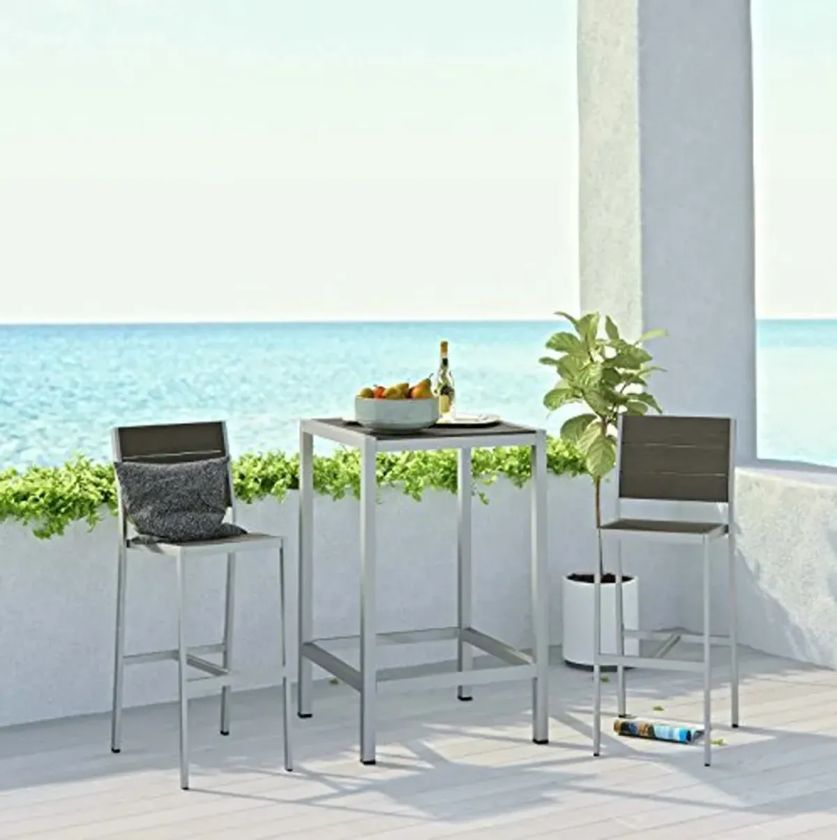 Modway Shore Aluminum 3-Piece Outdoor Patio Pub Bistro Set with 28" Bar Table and Two Armless Bar Stools in Silver Gray