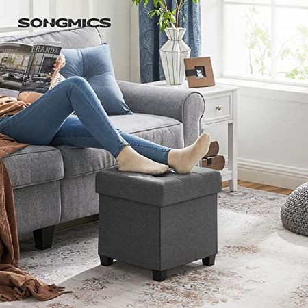 SONGMICS 15 Inches Cube Storage Ottoman, Bedroom Bench with Storage, Foot Stool with Feet, Holds Up to 660 lb, Dark Gray ULSF14GYZ