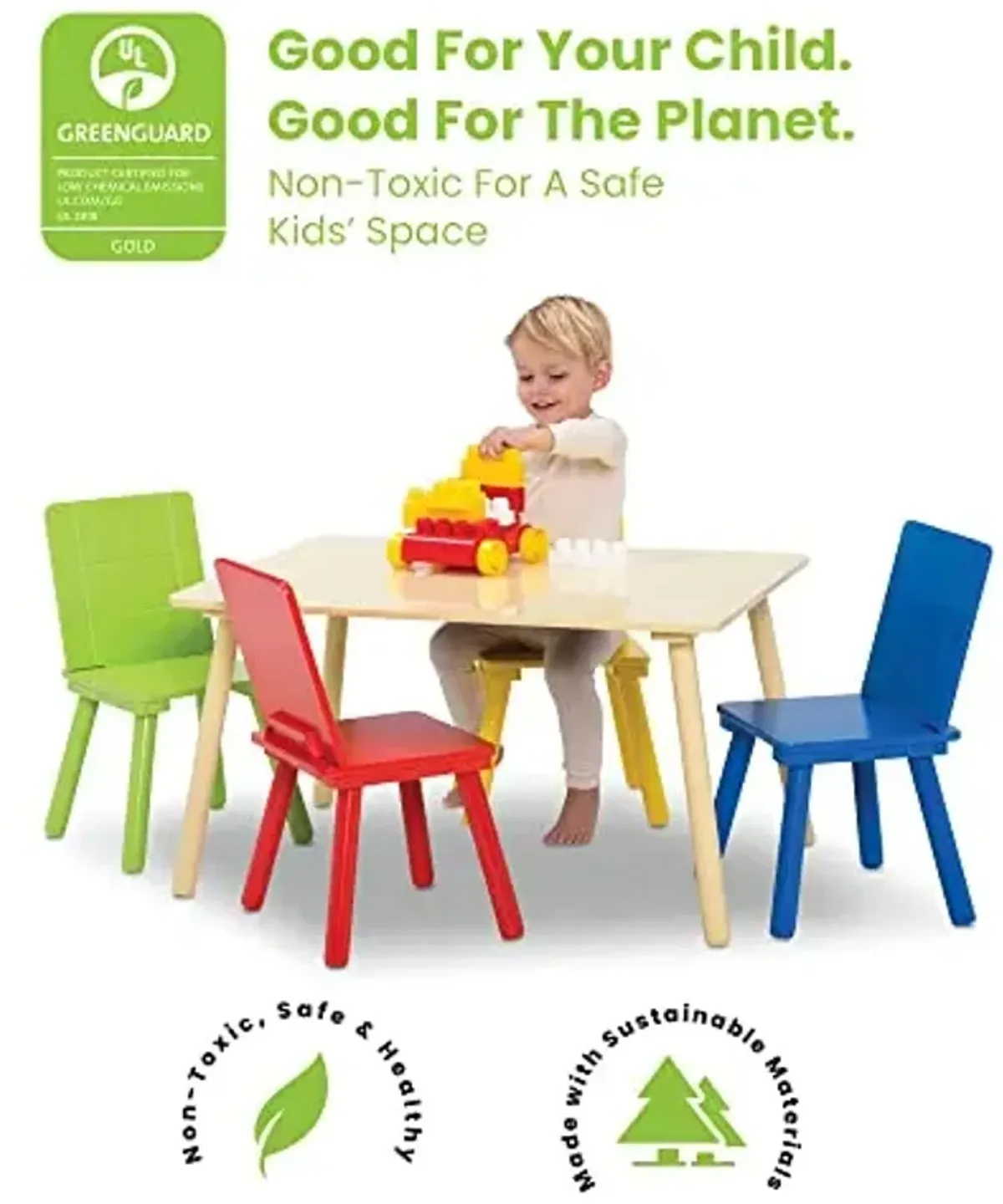 Delta Children Kids Table and Chair Set (4 Chairs Included), Natural/Primary