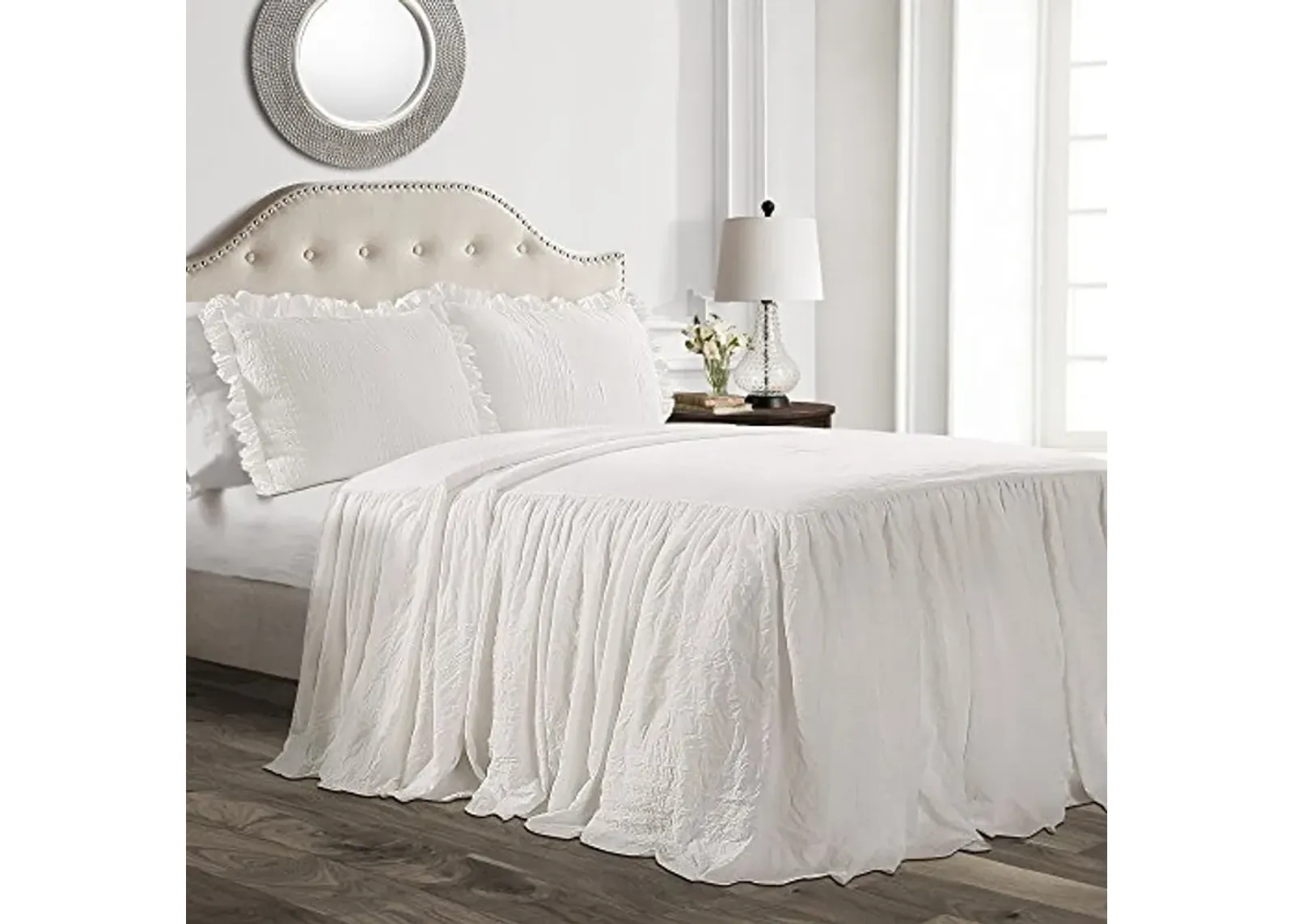 Lush Decor Ruffle Skirt Bedspread Set - 3 Piece Luxurious Farmhouse Bedding Set - Elegant, Charming Ruffle Detail - Timeless Style & Classic Design - Soft and Lightweight - Queen, White