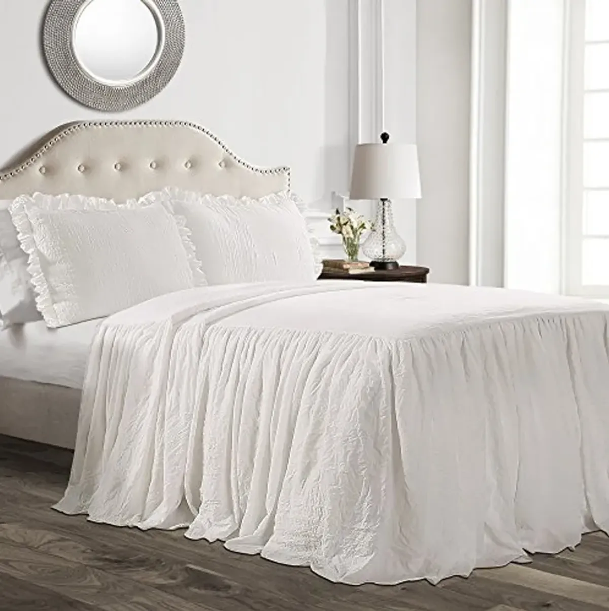 Lush Decor Ruffle Skirt Bedspread Set - 3 Piece Luxurious Farmhouse Bedding Set - Elegant, Charming Ruffle Detail - Timeless Style & Classic Design - Soft and Lightweight - Queen, White