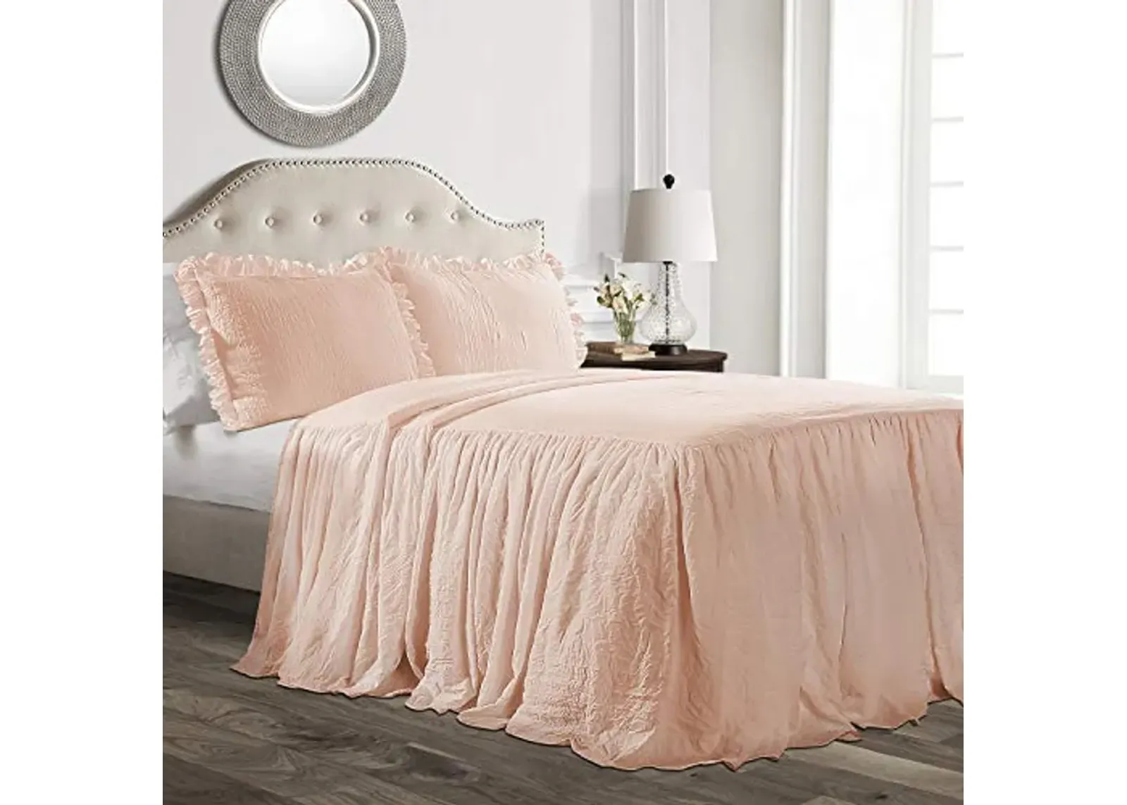 Lush Decor Ruffle Skirt Bedspread Set - 2 Piece Luxurious Farmhouse Bedding Set - Elegant, Charming Ruffle Detail - Timeless Style & Classic Design - Soft and Lightweight - Twin, Blush