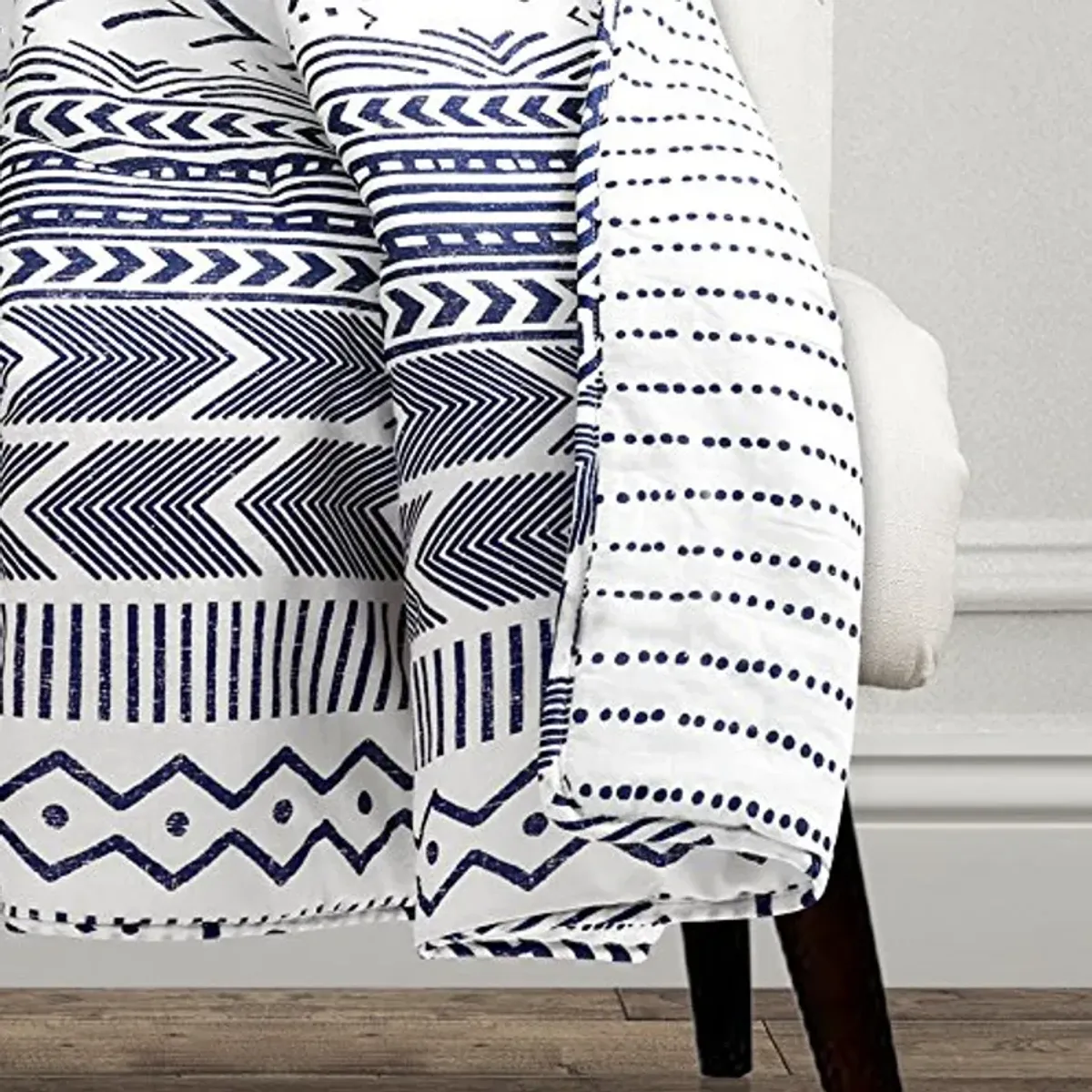 Lush Decor Hygge Geo Reversible Throw | Pattern Geometric Stripe Blanket - 60” x 50”, Navy and White