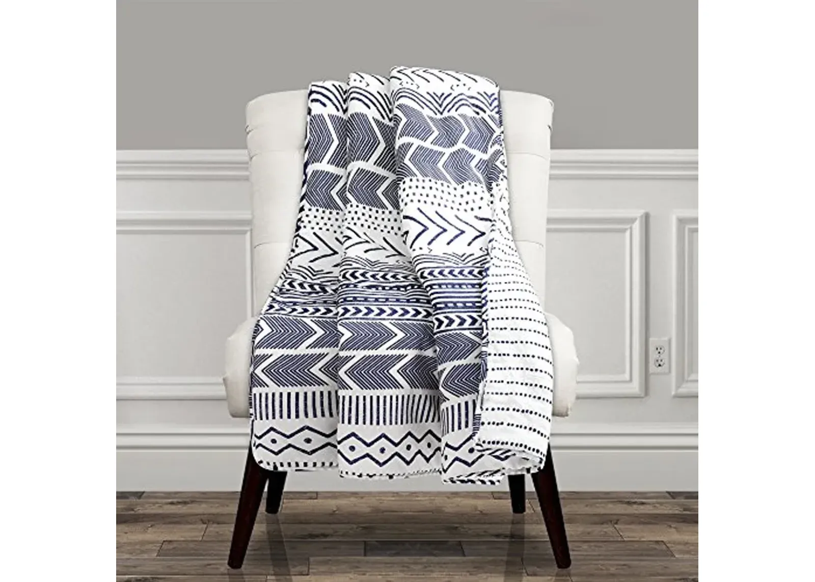 Lush Decor Hygge Geo Reversible Throw | Pattern Geometric Stripe Blanket - 60” x 50”, Navy and White