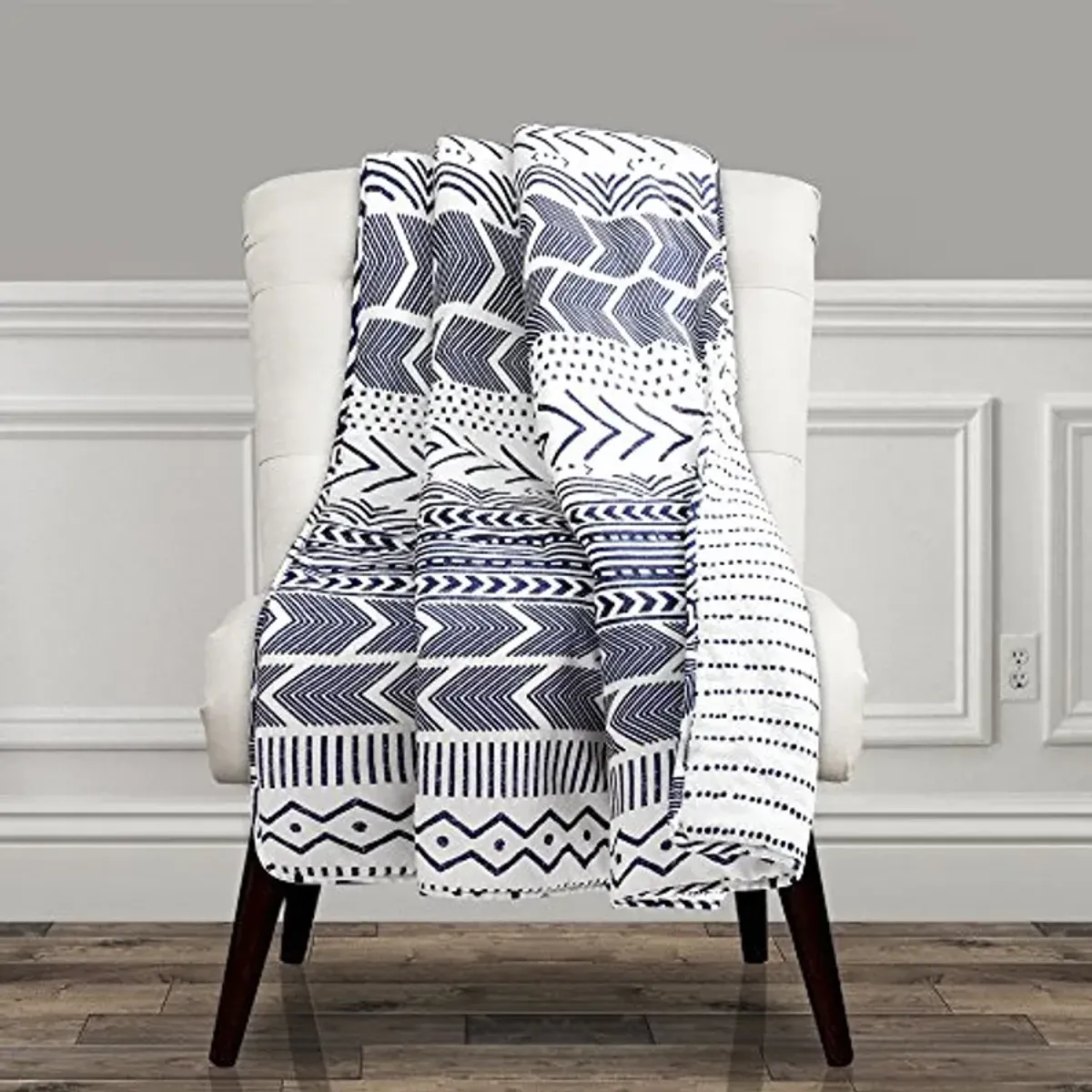 Lush Decor Hygge Geo Reversible Throw | Pattern Geometric Stripe Blanket - 60” x 50”, Navy and White