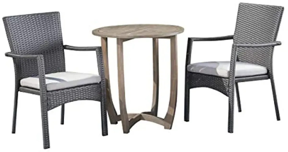 Christopher Knight Home Leyam Outdoor 3 Piece Wood and Wicker Bistro Set, Gray Finish/Gray/Gray