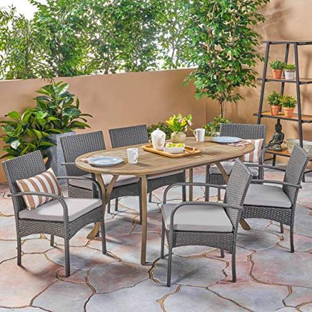 Christopher Knight Home Isla Outdoor 7 Piece Wood and Wicker Dining Set, Gray Finish/Gray/Gray