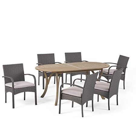 Christopher Knight Home Isla Outdoor 7 Piece Wood and Wicker Dining Set, Gray Finish/Gray/Gray