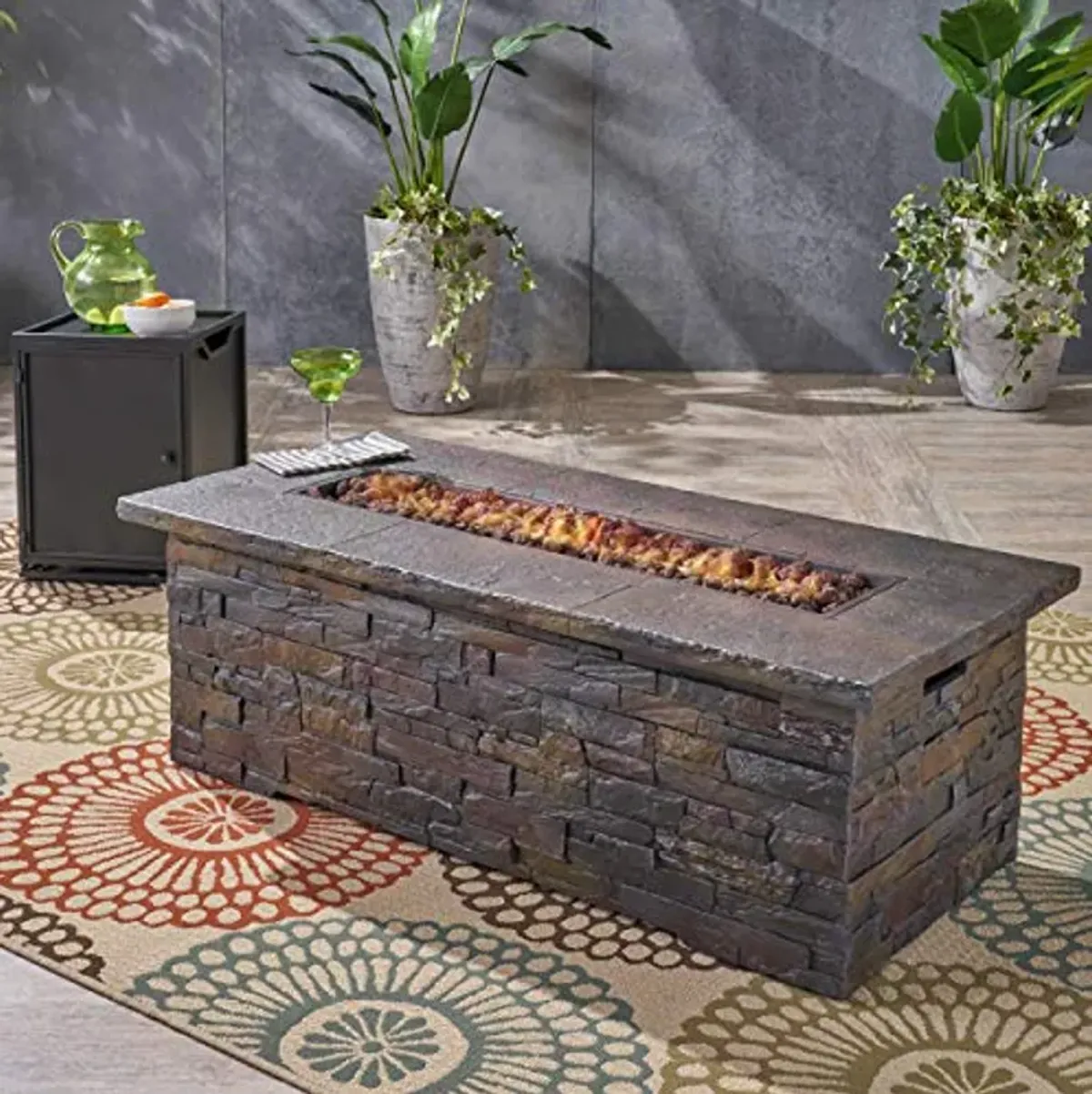 Christopher Knight Home Welsh Outdoor Light Weight Rectangular Fire Pit, Natural Stone/Black