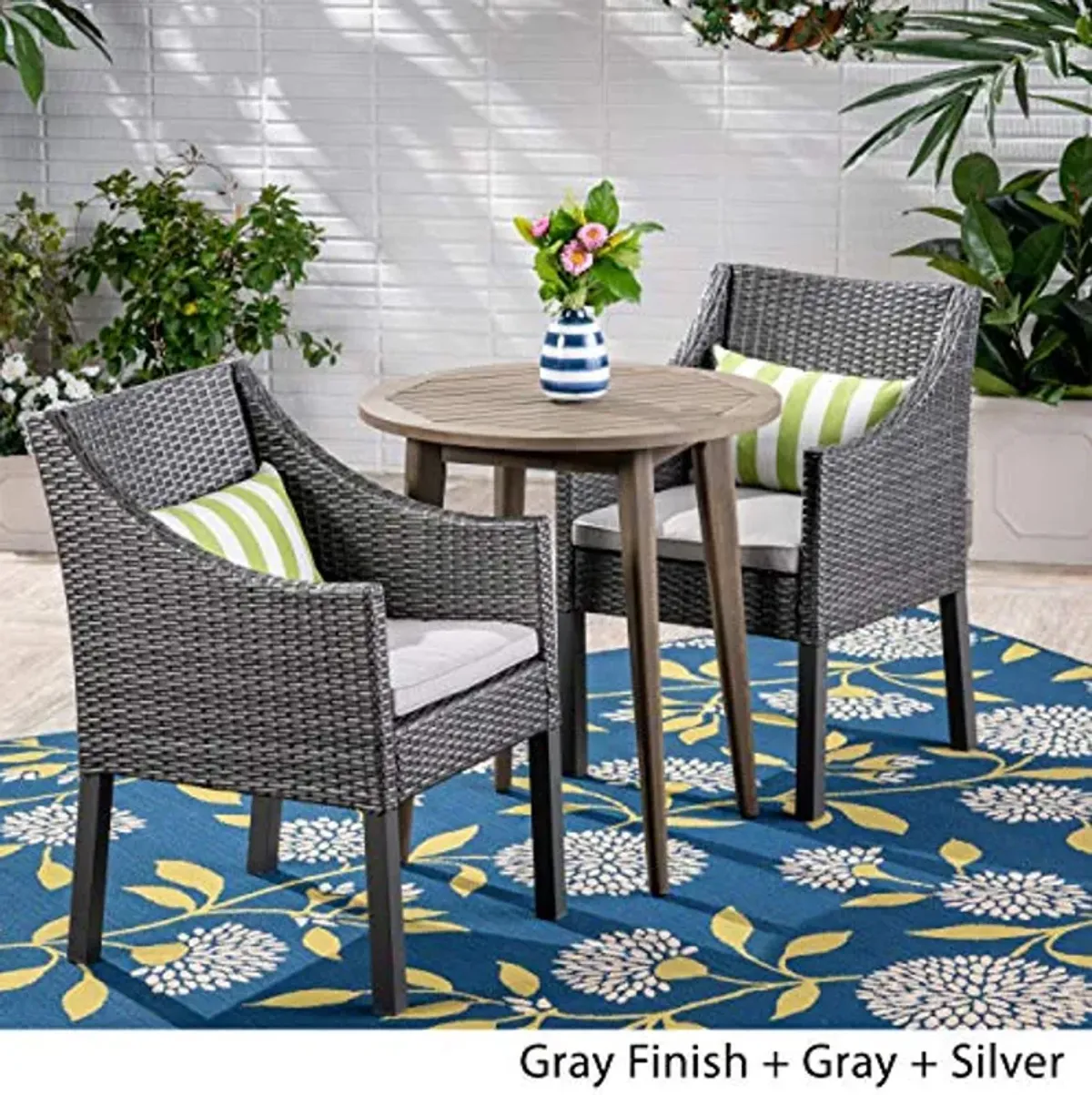 Christopher Knight Home Katz Outdoor 3 Piece Wood and Wicker Bistro Set, Gray Finish/Gray/Silver